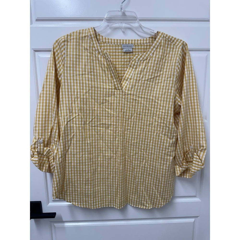 Van Heusen Womens Yellow White Gingham Check Tunic Blouse Large